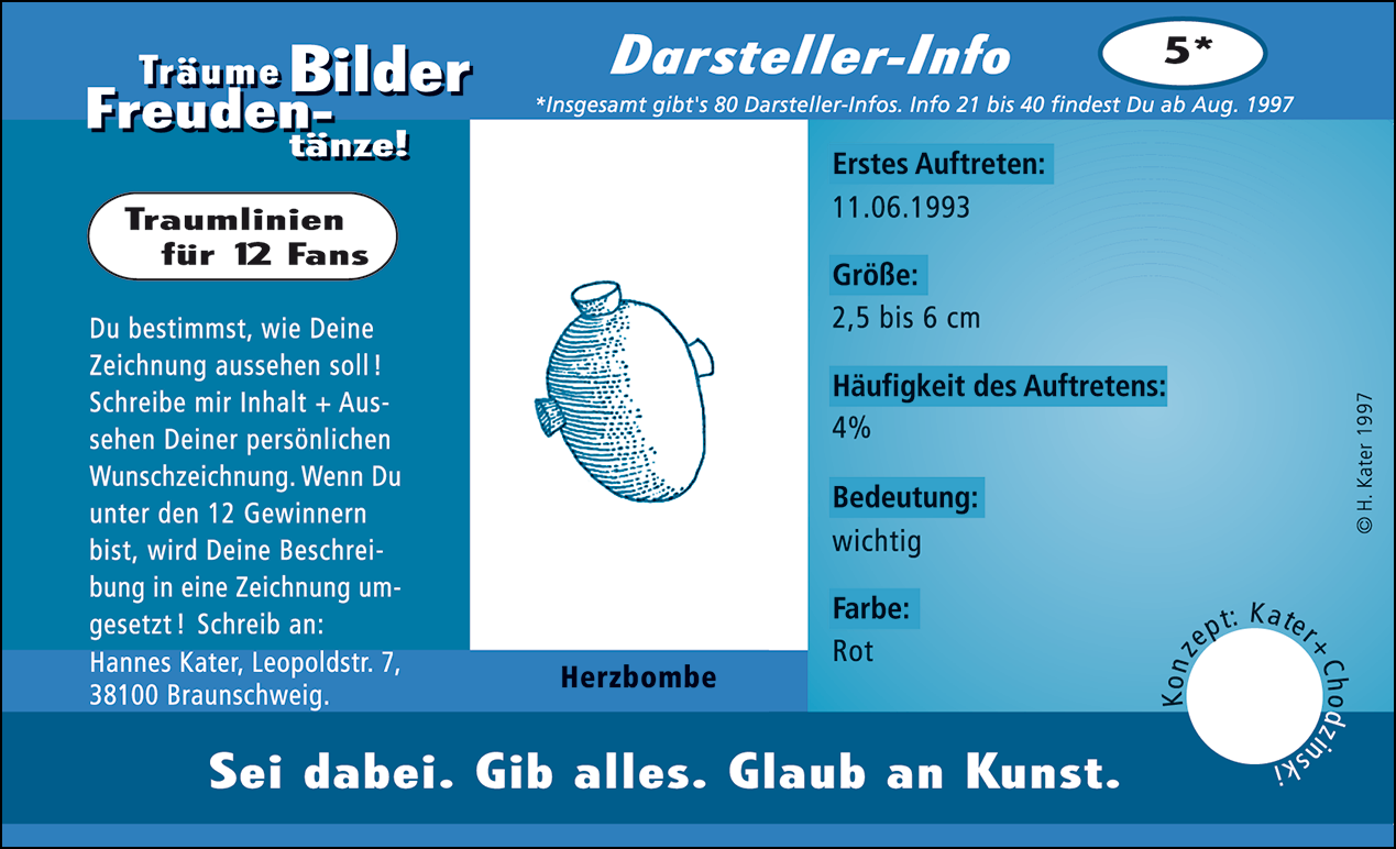 Hannes Kater: Auftragskärtchen *05 Herzbombe, Vorderseite, Version von 1997