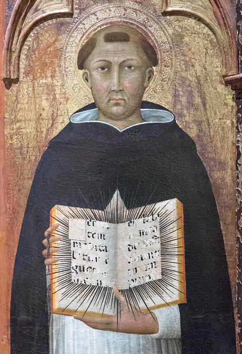 Detail: Lippo Memmi: Polyptychon. Madonna mit Kind  zwischen dem Heiligen Johannes dem Evangelisten, Matthias, der eine Stifter pr&auml;sentiert, Stephanus und Thomas. In den oberen dreieckigen Aufs&auml;tzen: Christus segnet zwischen Paulus, Petrus, Jesaja und einem Propheten. Anfang 14. Jahrhundert. Nationalmuseum von Sam Matteo, Pisa. Foto von Hannes Kater