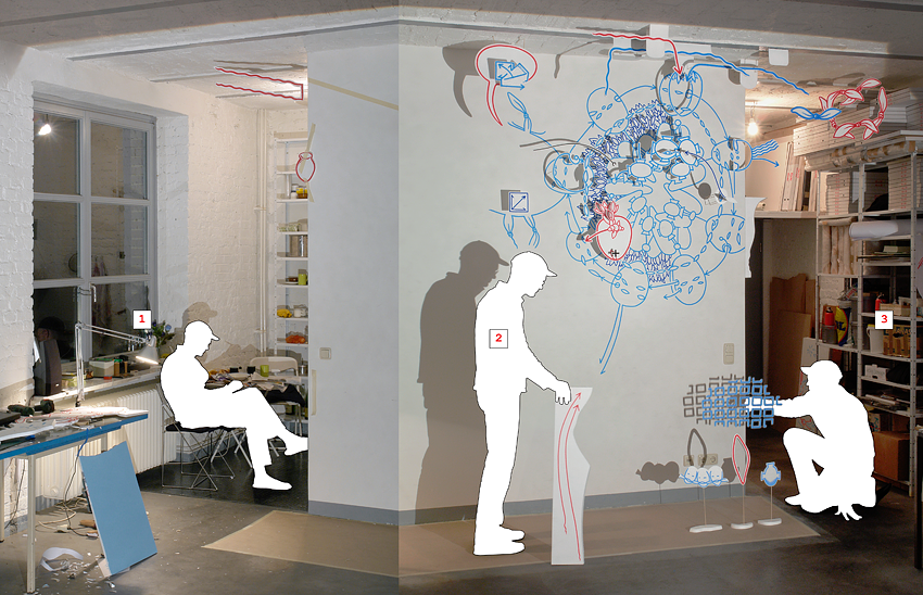 Hannes Katers Schlafplatz neben einer Fu&szlig;bodenzeichnung... Arnhem (Holland), 1999