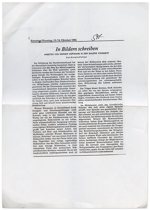 Annelie Pohlen - Blatt mit Text &uuml;ber Werner Hartmann