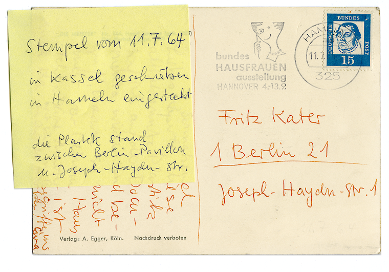 Postkarte verschickt 1964 - Skulptur von Henri Laurens / R&uuml;ckseite