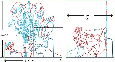 Hannes Kater: Aliens and Residents - Schnitt f&uuml;r die 2 Ebenen der Skulptur 2 (Die Sammelnden) - f&uuml;r LZB Halle/Sale, 2000, 440x237 Pixel
